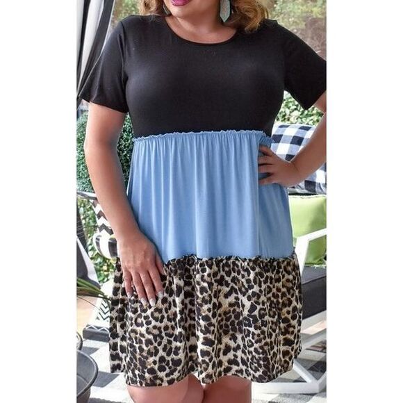 New Fashion Blue and Cheetah Print Tiered Dress L New - Picture 2 of 6